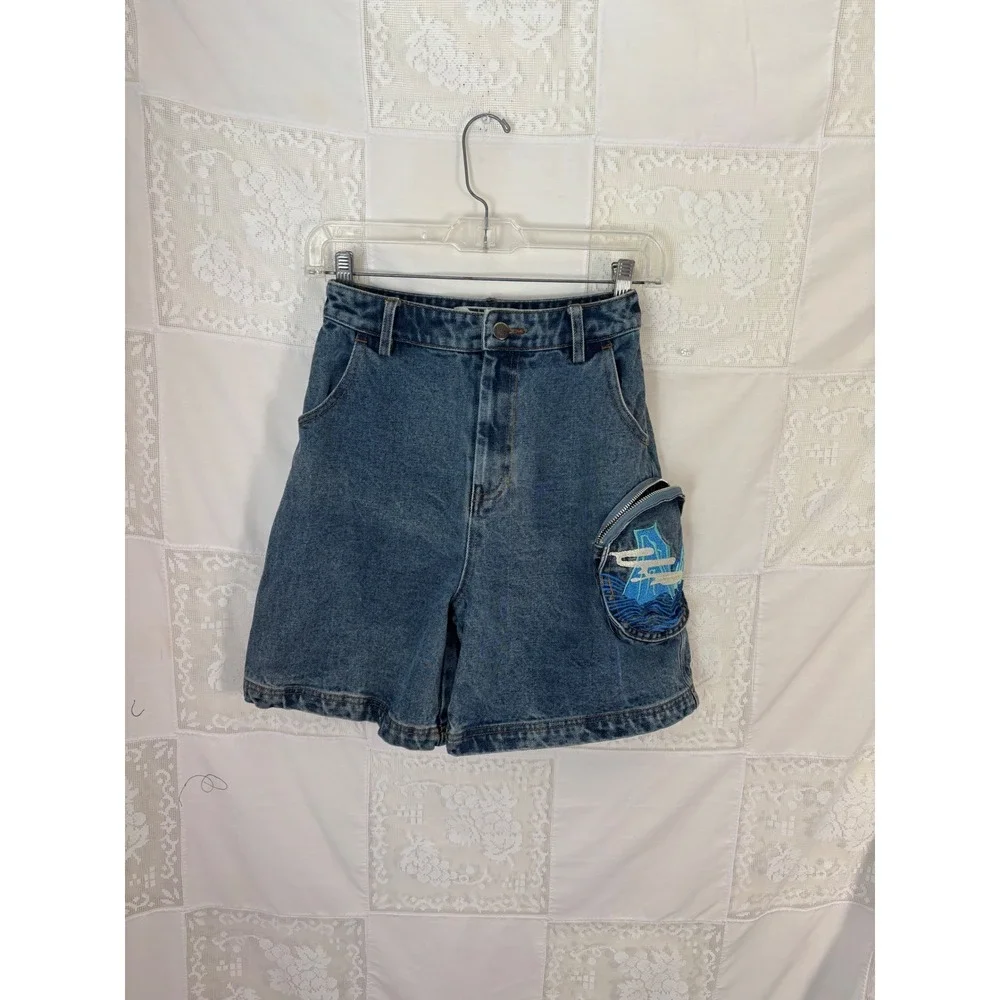 Blue Denim High Waist 90s Vibe Baggy Streetwear Shorts Size XXS